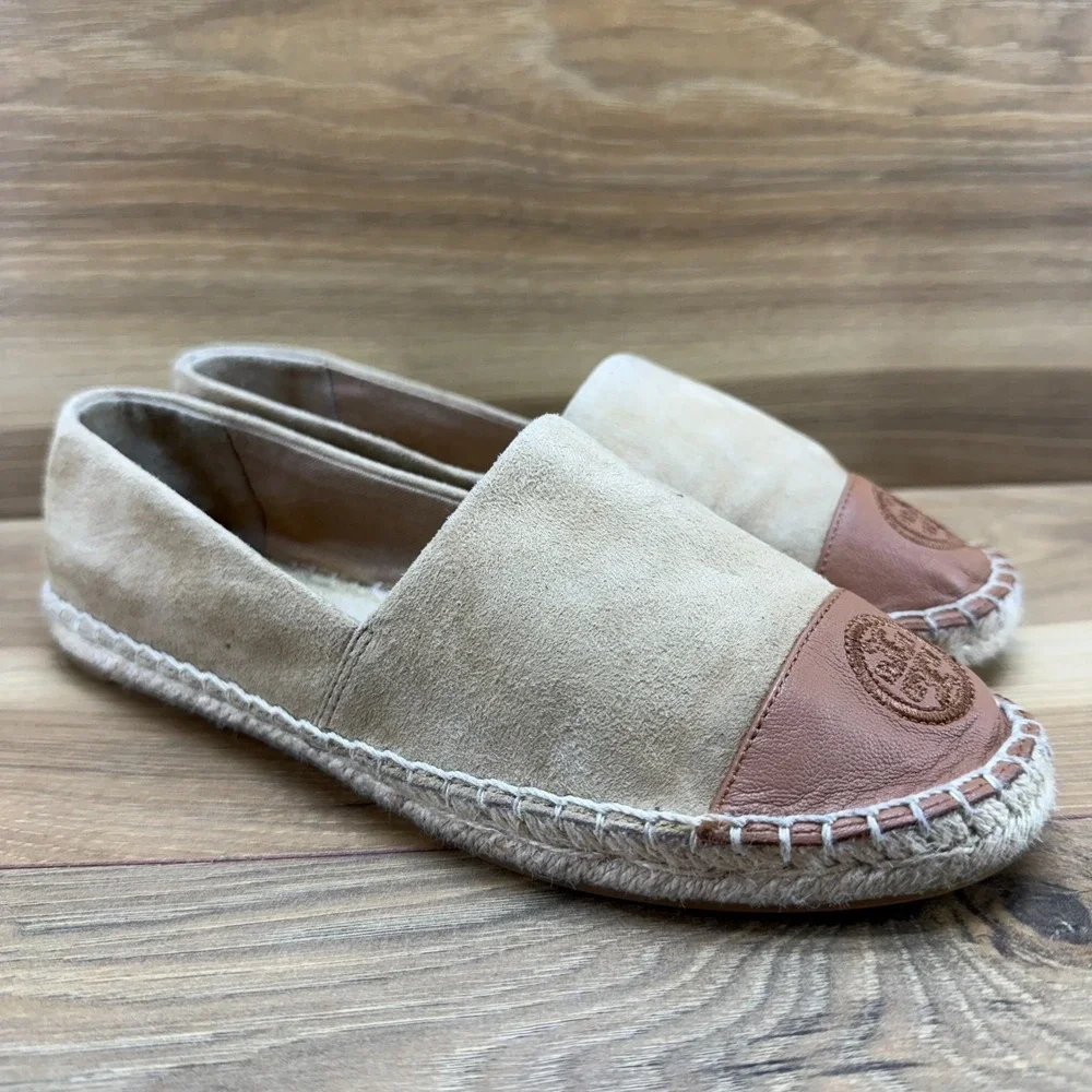 Tory Burch Espadrilles Flats 7 Tan Suede Cap Toe Slip On Vacation Resort Summer